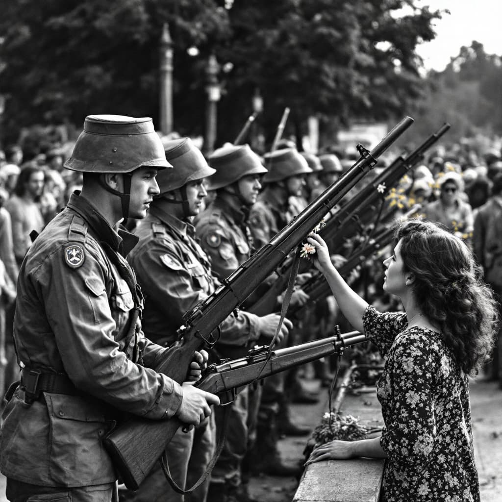AI generated: Scene of soldiers standing in line pointing their rifles at a crowd with a woman putting a flower in...