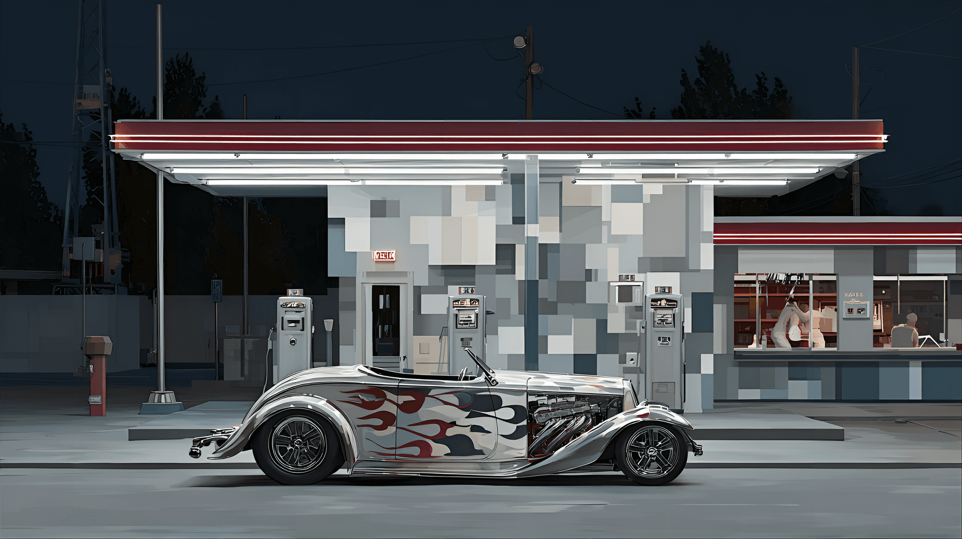 AI generated: hot rod with chopped roof, flames painted on sides, massive rear tires, visible supercharger, the ca...