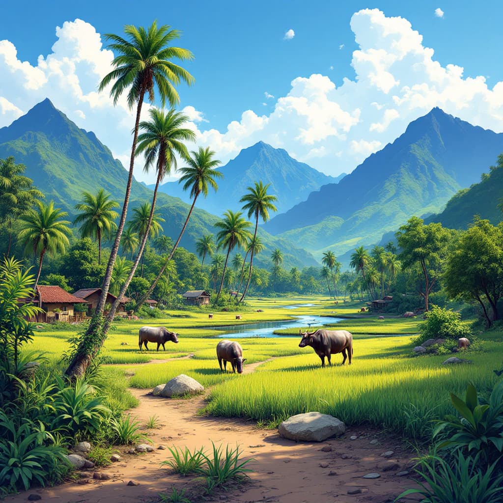 AI generated: Rural Philippines colorful landscape with palm trees, mountains, rivers, carabaos, blue skies 