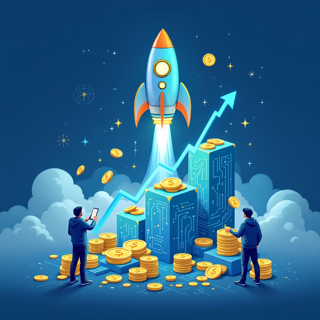 AI generated: Modern tech startup scene: Rocket built from dollar bills and circuit boards ascending a growth char...