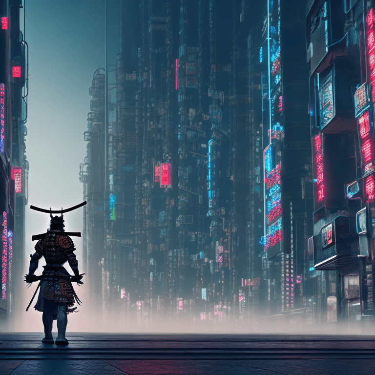 AI generated: Hyper realistic eye level exterior photo of a cyberpunk samurai with rays and katanas on a cyberpunk...