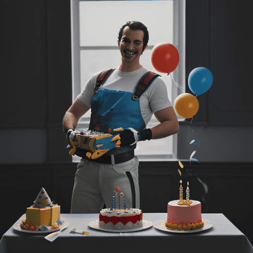AI generated: Developer looking like super mario, happily taking off a birthday cake thanks to his colorful artifi...