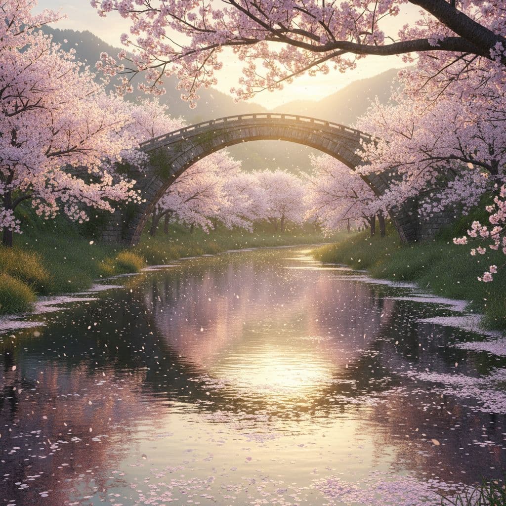 AI generated: A tranquil river winding through a lush landscape, with a graceful arched stone bridge spanning its ...