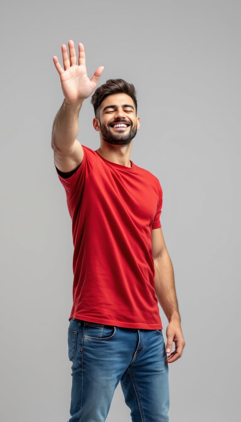 AI generated: photograph of a handsome, happy caucasian man standing with one arm up in the air, waving his hand t...