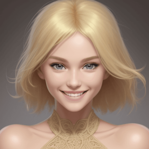 AI generated: the face of a beautiful anime topless blond woman,  intricate details,  smiling, cropped top 