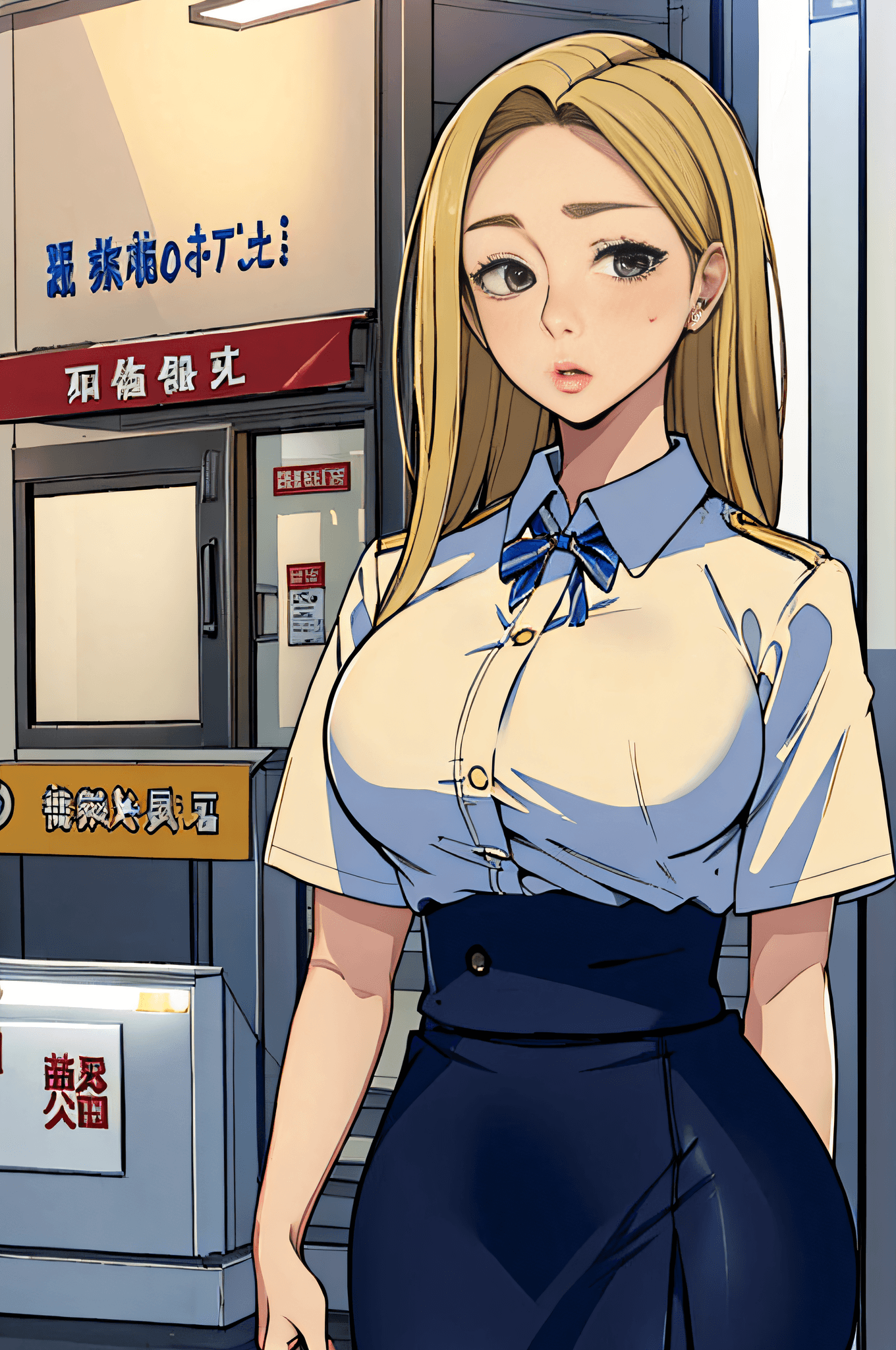 AI generated: masterpiece, best quality, upper body, woman, pureerosface_v1, blonde hair, office lady, wearing ski...