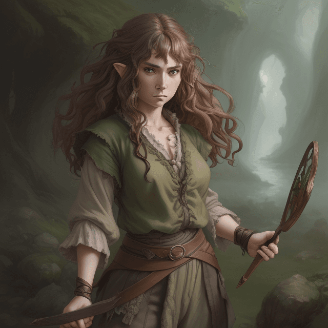 AI generated: A fantasy Anime style painting of female hobbit art character with curly brown messy hair, serious f...