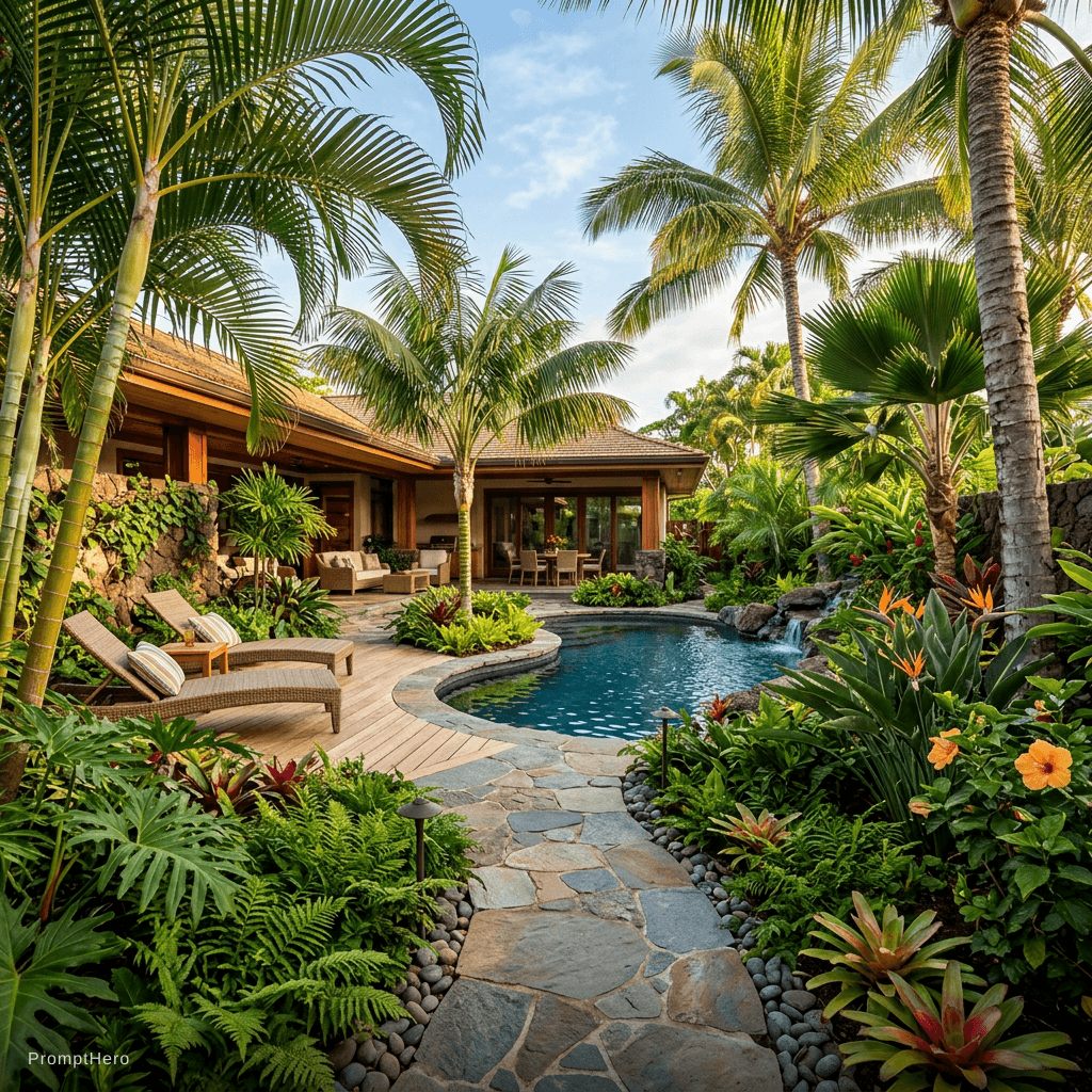 AI generated: tropical paradise with palm trees, lush greenery, a small pool, and stone pathway