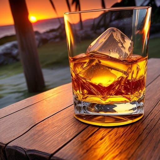 AI generated: cristal glass of whisky, on a tiki wood table, setting sun reflecting in liquid