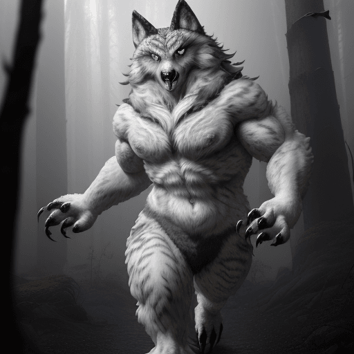 AI generated: A creature with the powerful, lean body of a wolf, covered in soft fur with streaks of gray and whit...