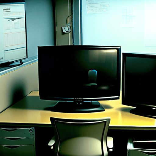 AI generated: TV with a picture of random static, sitting on an empty desk in a deserted office room
