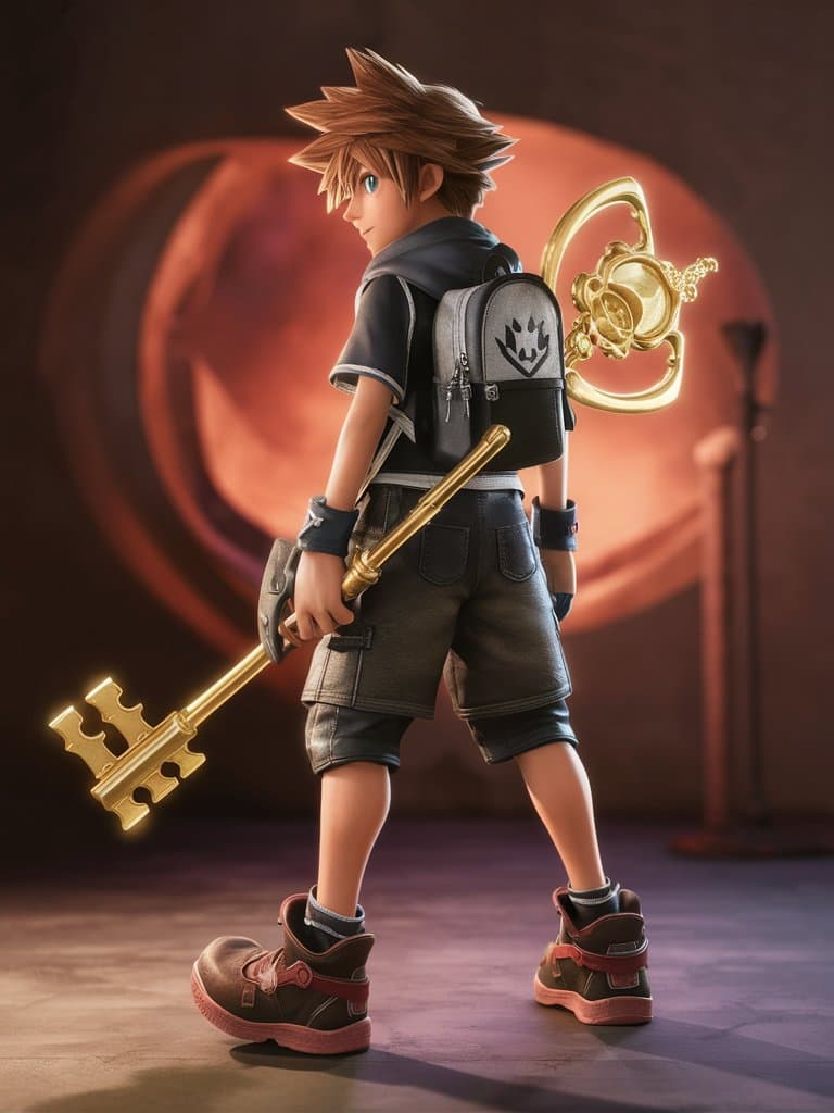 AI generated: A full body photo shot of Iconic character Sora from Kingdom of hearts, wearing his iconic adventuro...