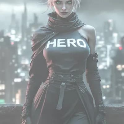 AI generated video: Digital artwork, concept art, a female ninja with "HERO" logo on her chest, standing on rooftop with...