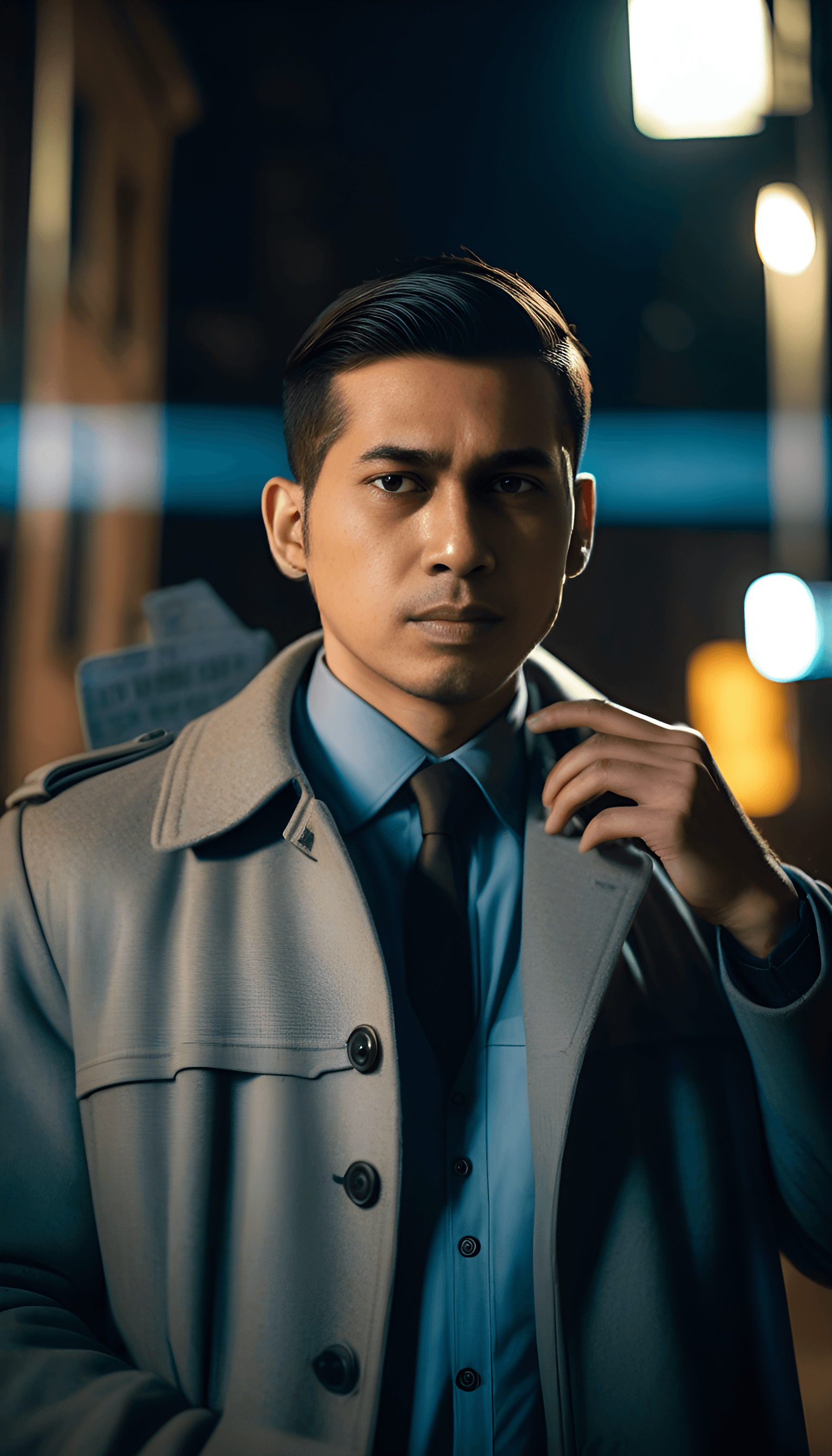 AI generated: a confident young man detective with a sleek bobbed hairstyle cut and observant brown eyes, wearing ...