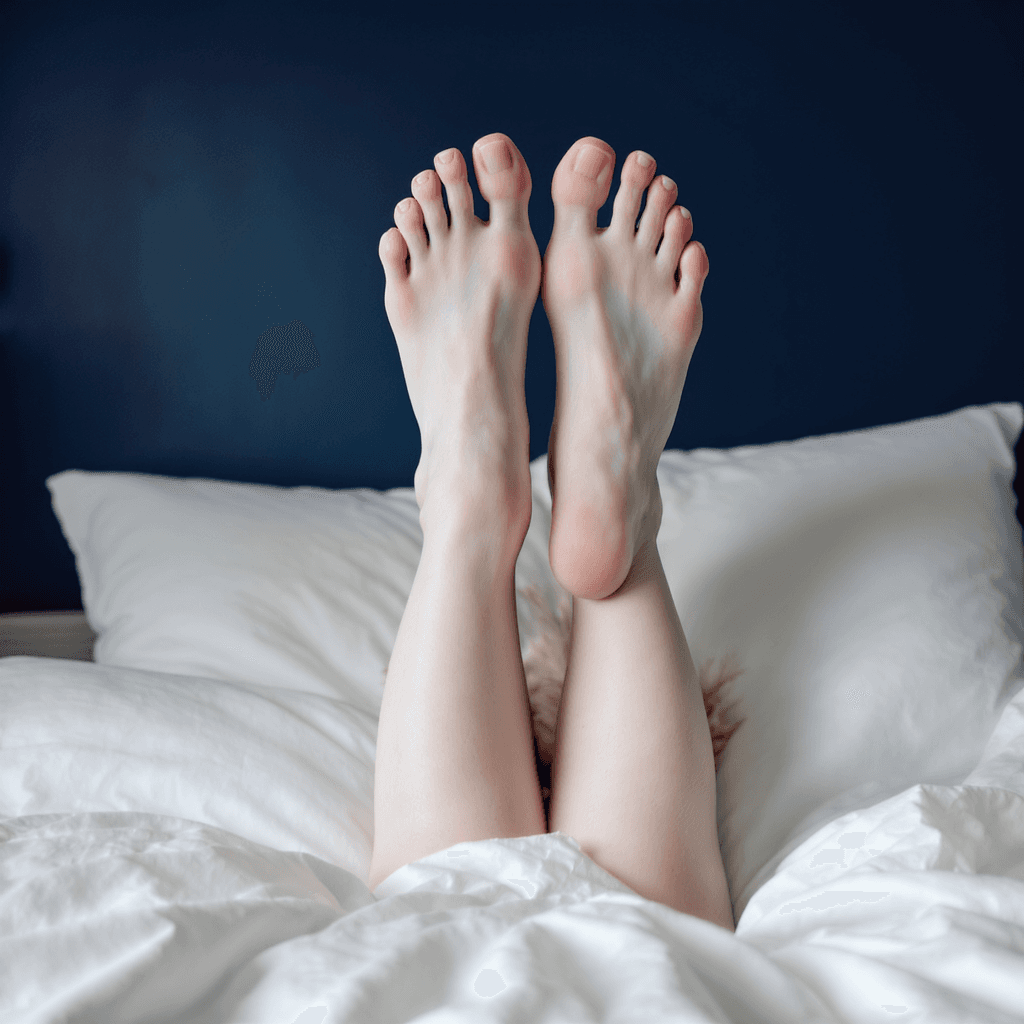 AI generated: white woman with feet in the air laying on bed, navy blue walls
