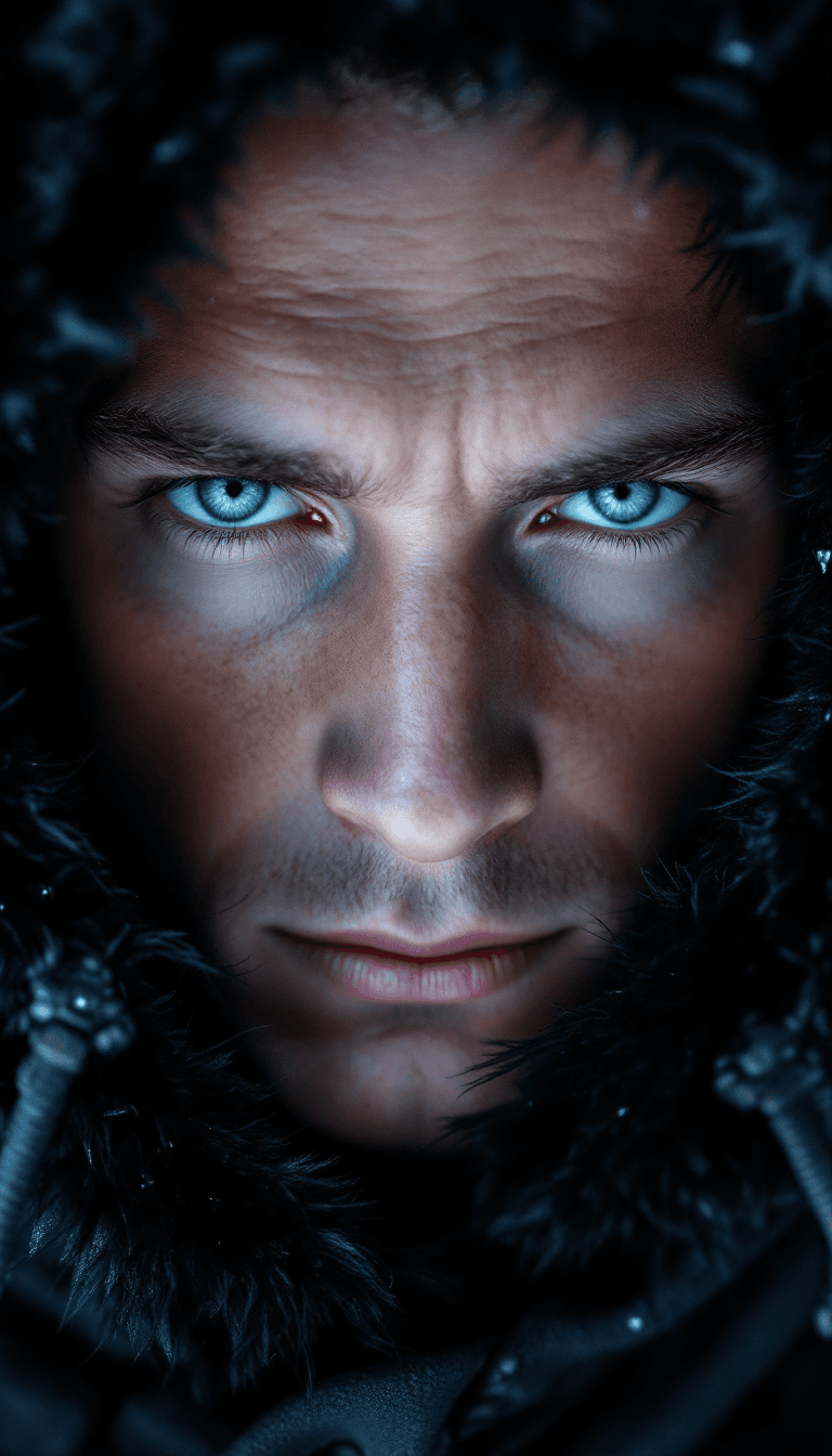 AI generated: A hyper-realistic close-up portrait of a young man with pale, porcelain skin, gazing directly at the...