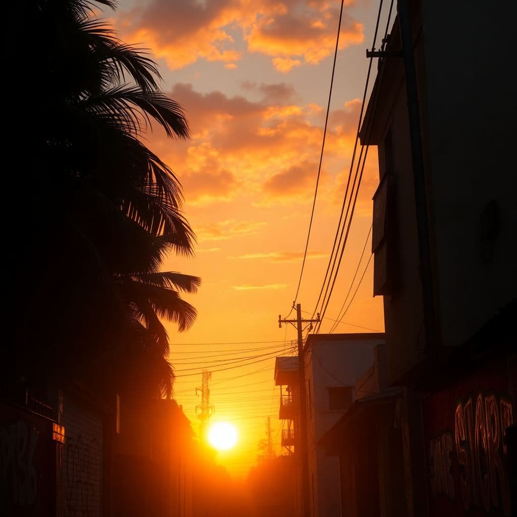 AI generated: Create a realistic image of a sunset in a tropical neighborhood with elements of a gangster neighbor...