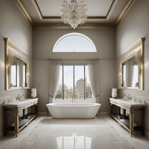 AI generated: "Generate a breathtaking 4K image of a flat modern luxury bathroom, showcasing a full view that embo...