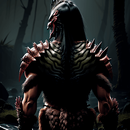 AI generated: Yauja (predator), hunter, dangerous, cool, king, armor, back view, lightning 