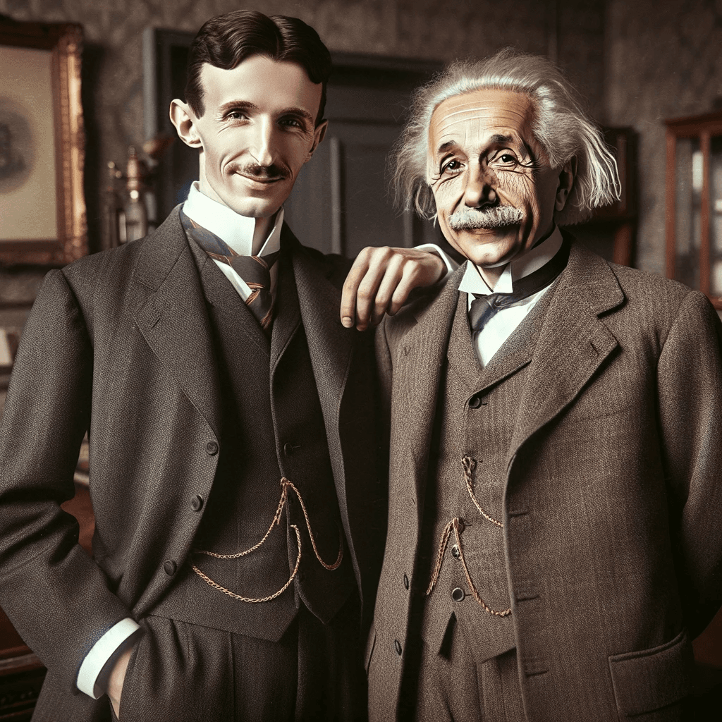 AI generated: image of Nikola Tesla and Albert Einstein together, dressed in elegant business suits from their era...