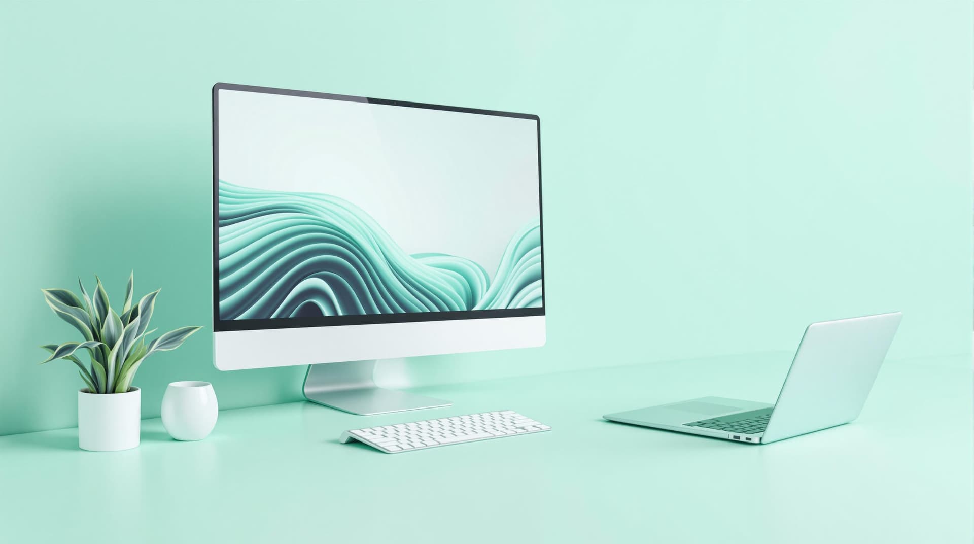 AI generated: Desktop computer with large monitor, thin laptop beside it, wireless keyboard, clean workspace in pl...