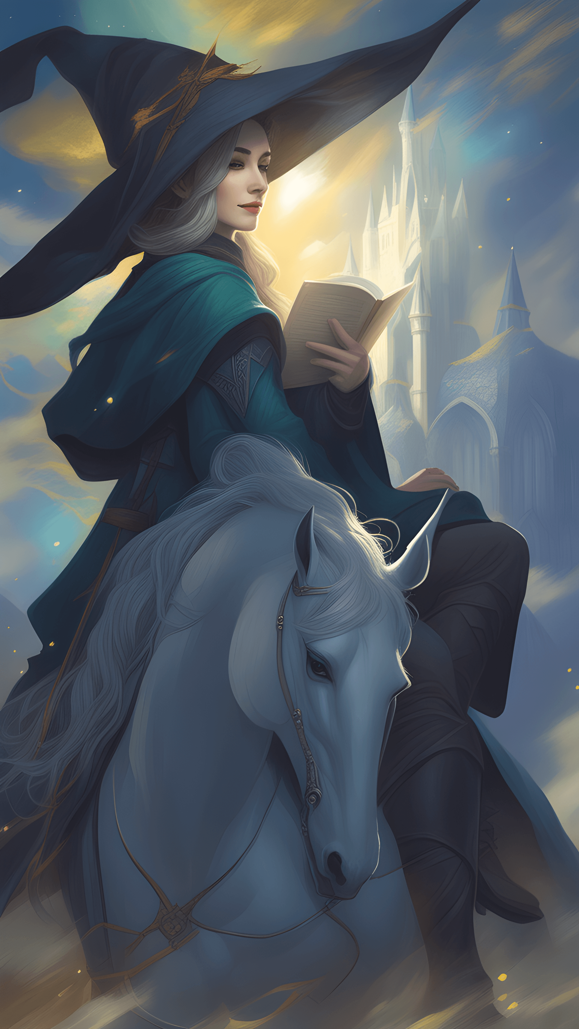 AI generated: a woman riding on the back of a white horse, beautiful female wizard, a beautiful female wizard, a y...