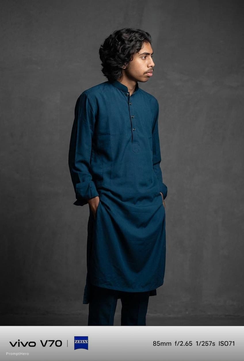 AI generated: photograph, full-body, young man professional model pose, minimalist fashion, stylish nessy long hai...