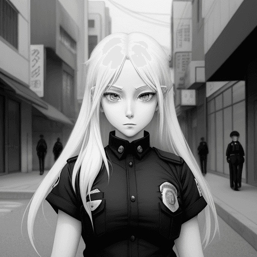 AI generated: no color, perfect anime illustration, portrait of a police girl walking in city, {{{{{{black and whi...