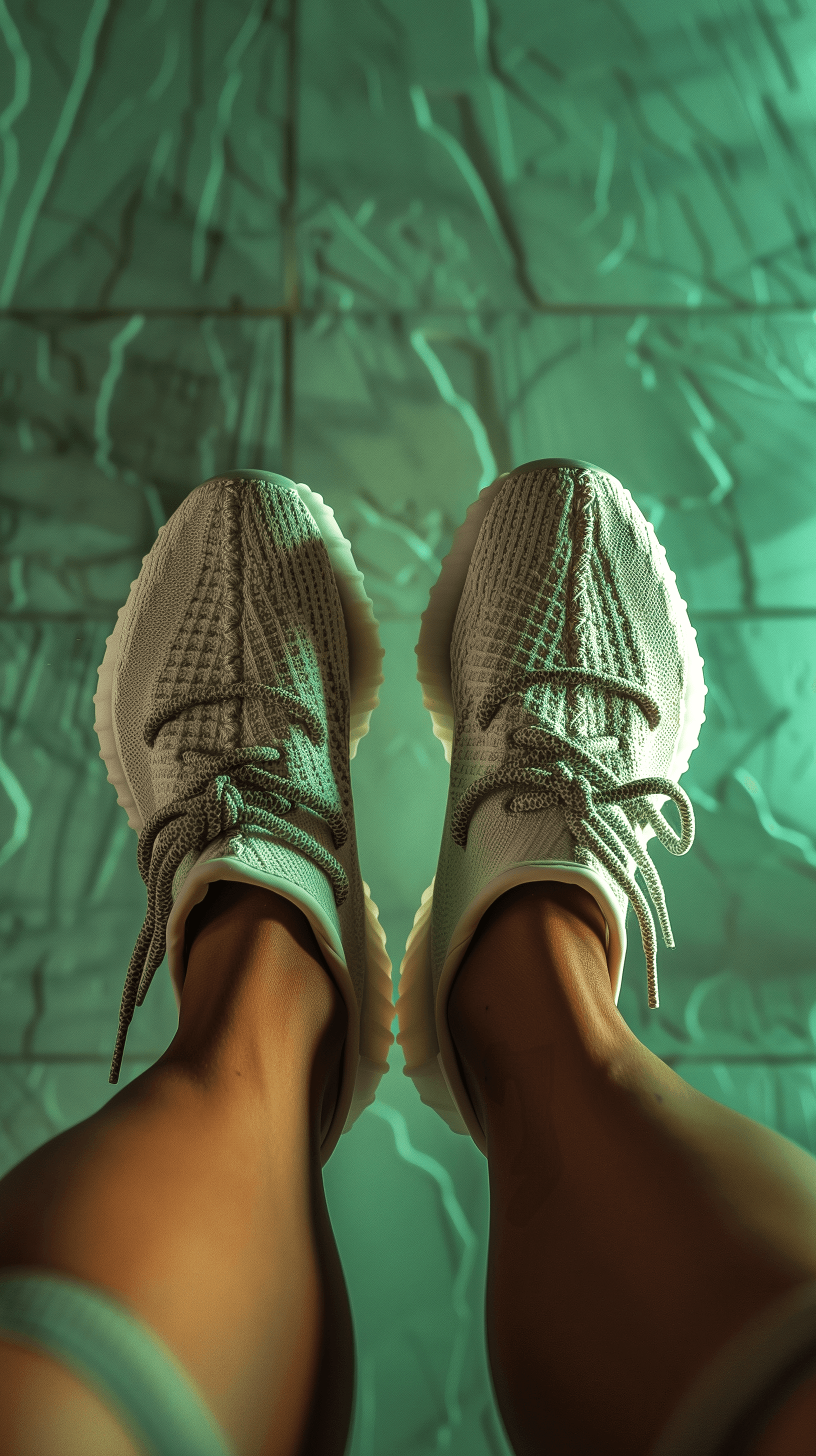 AI generated: down at shoes, matte white Yeezy boost 350, female legs with shorts, neon ambient