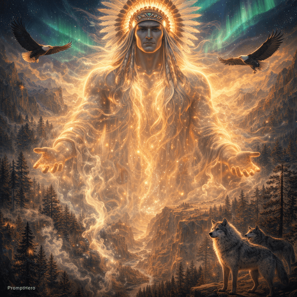 AI generated: Create a digital fine art of God Native American Great Spirit, Gigantic ethereal Great Spirit glowin...