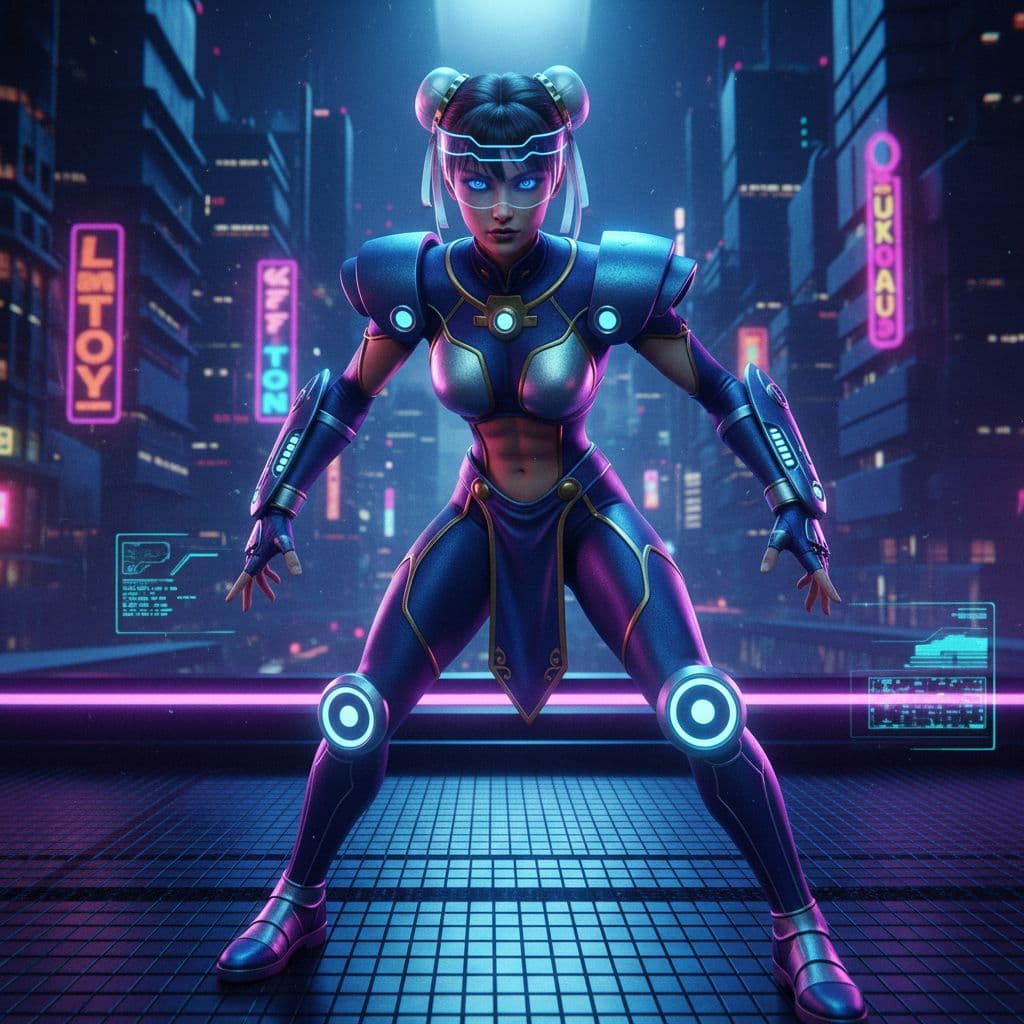 AI generated: Street Fighter, 1980s sci-fi style, video game characters, Chun-Li, MODELSHOOT STYLE, PHOTOGRAPHY, A...