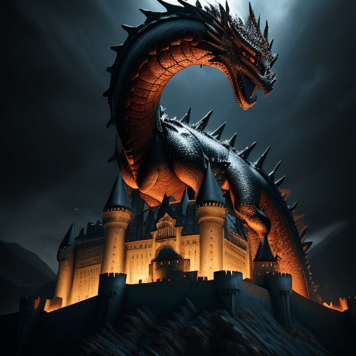 AI generated: Balerion dragon with castle :: Game of thrones, George R.R. Martin, ultra-wide shot, photorealistic,...