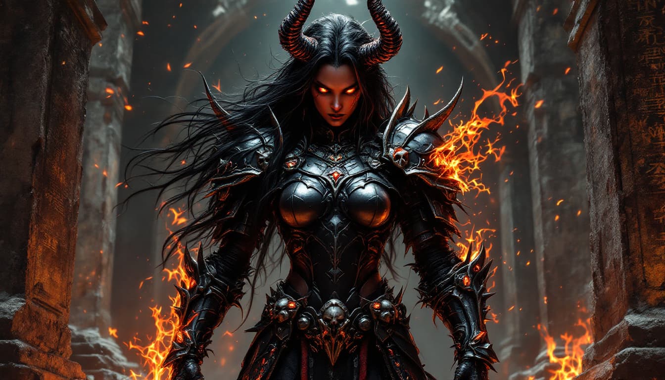 AI generated: An ultra-realistic, full-body portrait of a mesmerizing demon knight woman, her pose both powerful a...