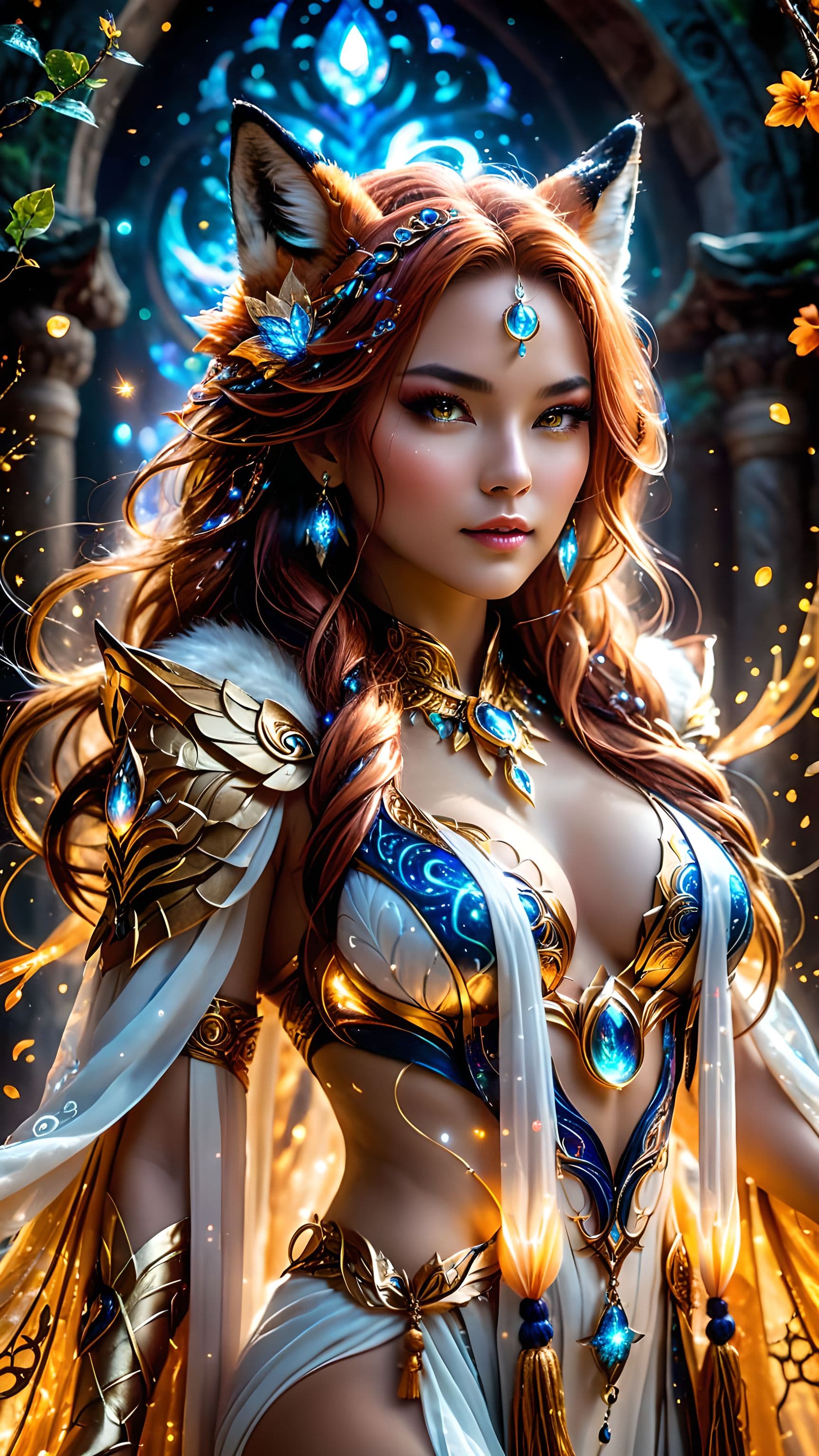 AI generated: A divine Maegu draped in enchanted fox-spirit robes, exquisitely woven with celestial ornaments that...