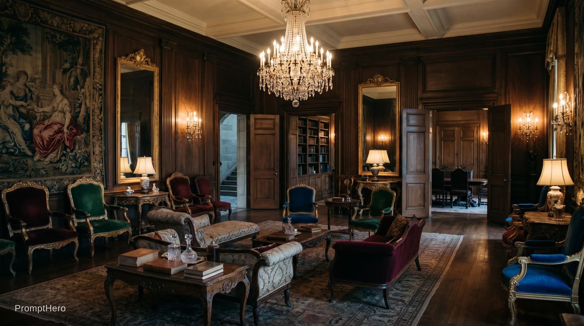 AI generated: Create a large sitting room in an opulent mansion like in Eyes Wide Shut. The Room is empty of guest...