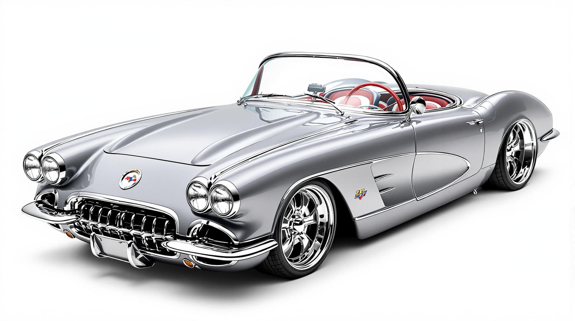 AI generated: Hyper realistic 1959 chevy corvette convertible, top front side view, gray color, restomod with 20" ...