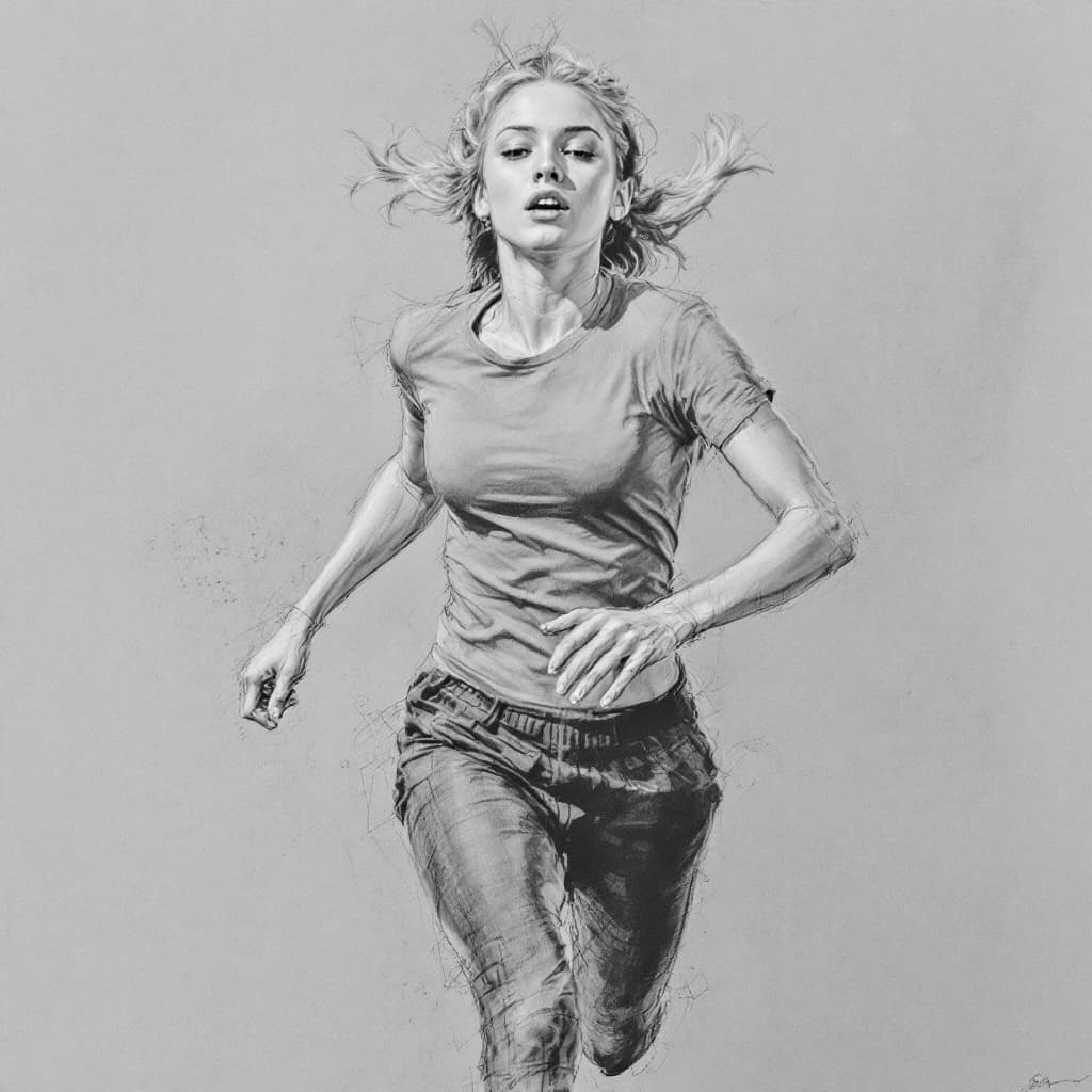 AI generated: Girl, charcoal sketch, running