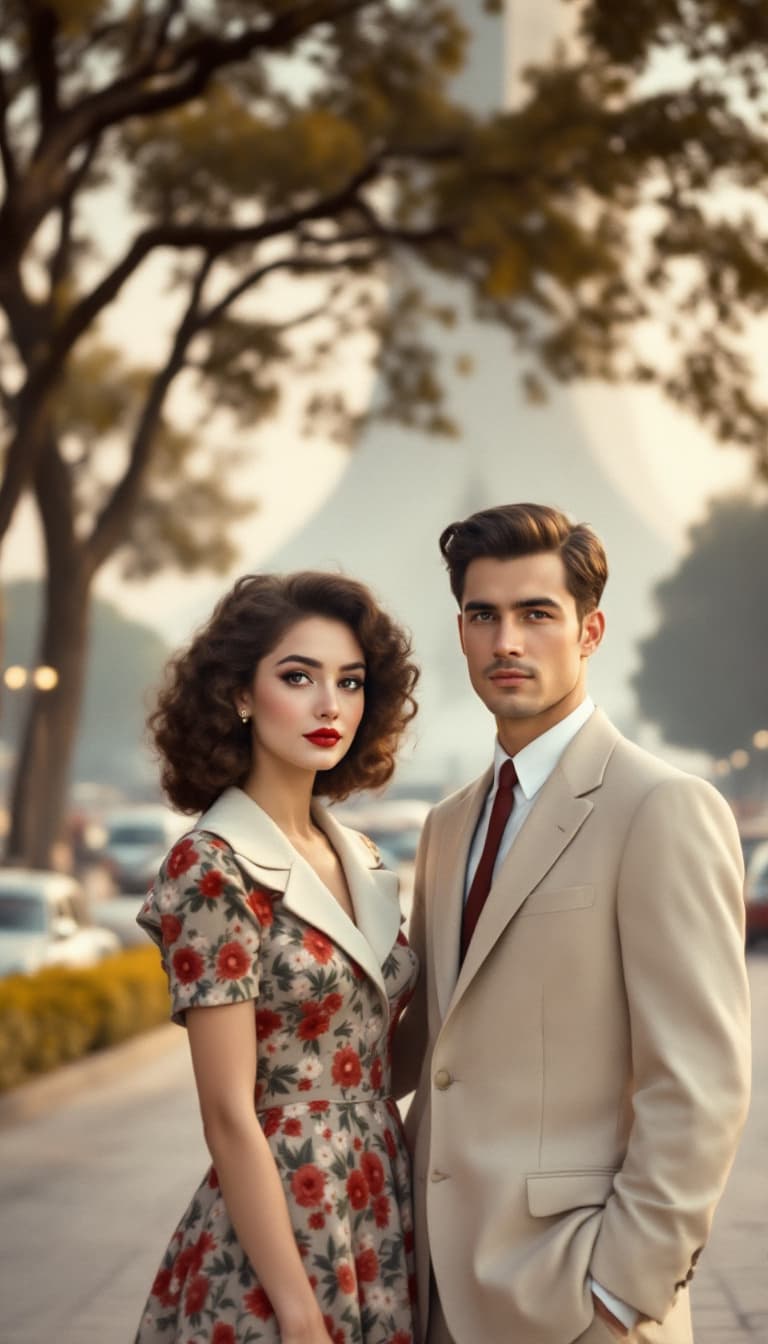 AI generated: The young couple from the 1950s stands in the heart of Tehran, with the iconic Azadi Square (formerl...