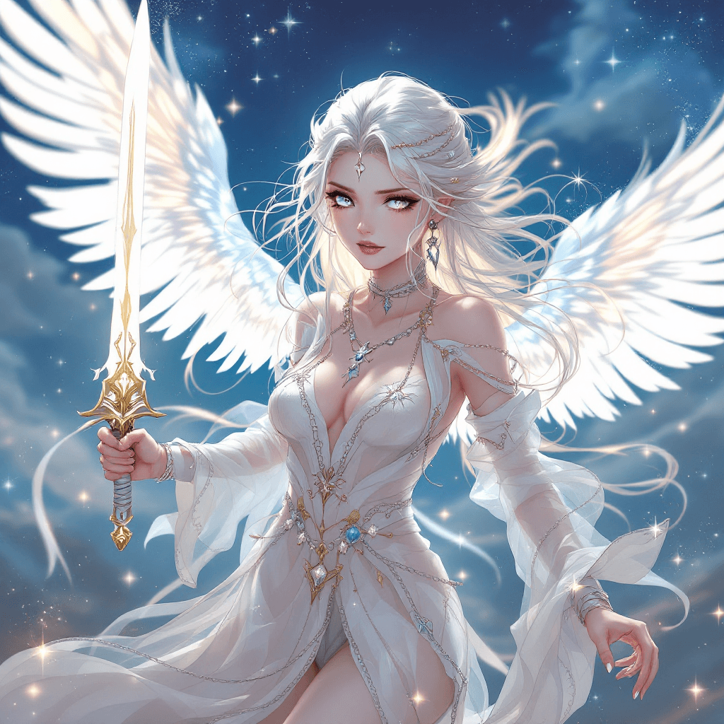 AI generated: 22. The Celestial Blade Weaver: A hauntingly beautiful warrior with long, platinum blonde hair style...