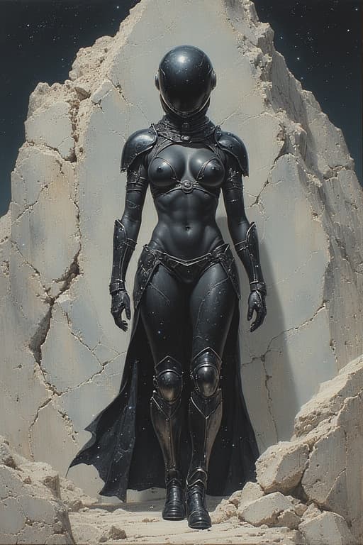 AI generated: A powerful androgynous figure, futuristic armor, sleek black, glossy finish, intricate details, stan...