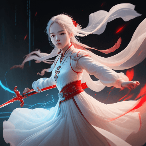 AI generated: the girl is wielding a sword in the background, in the style of xiaofei yue, ethereal images, light ...