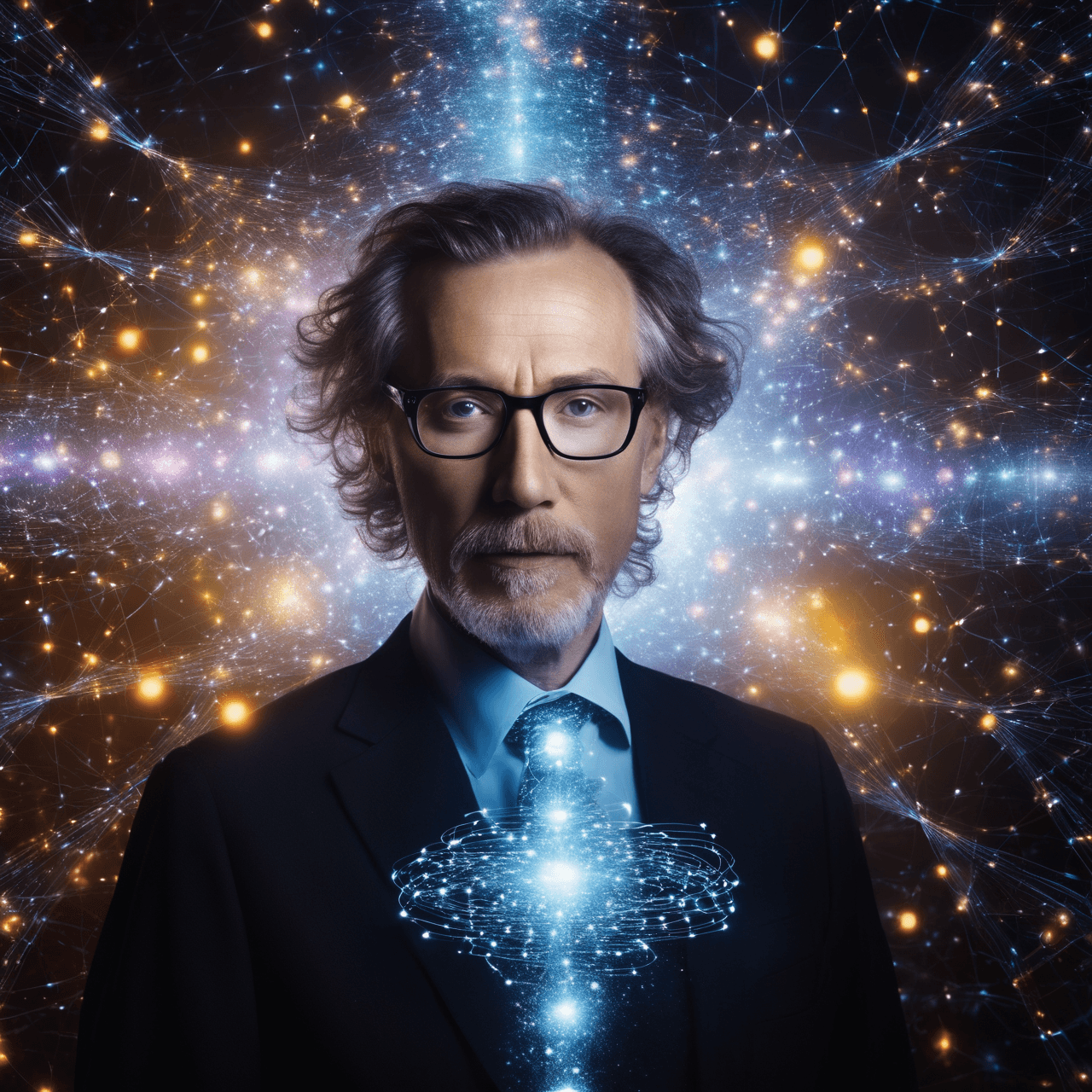 AI generated: A brilliant 48-year-old close-up potrait quantum physicist, surrounded by floating equations and ill...