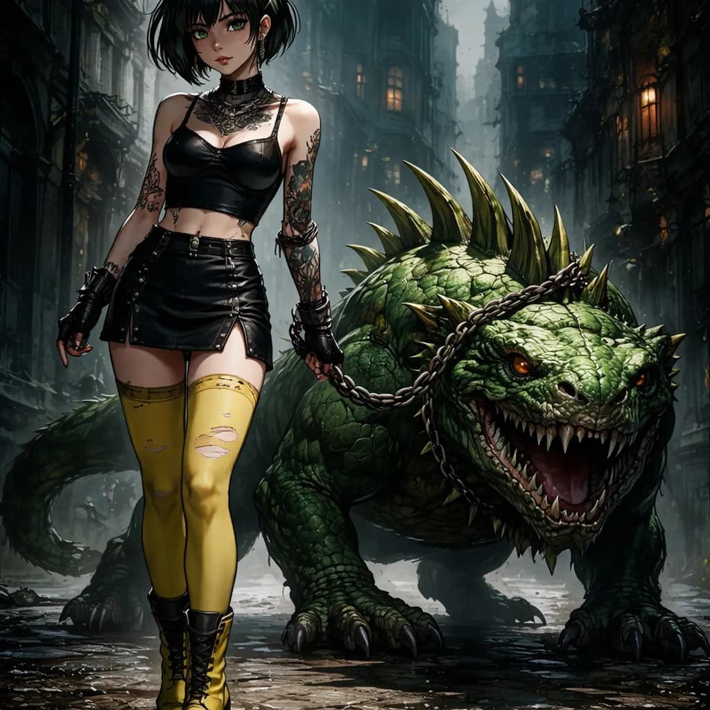 AI generated: A young, pale-skinned woman with dark, choppy hair and bangs walks a monstrous green creature on a l...