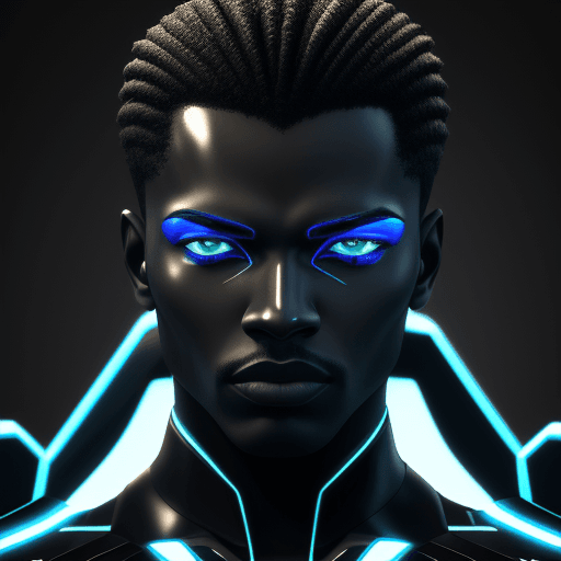 AI generated: the 3d graphic depicts a black masculine man in a futuristic outfit, in the style of liquid light em...