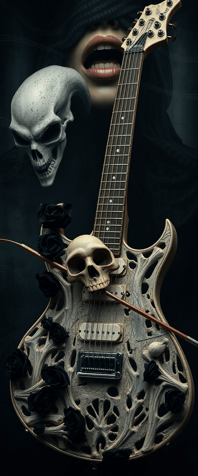 AI generated: electric guitar made of bone,skull and black roses, bow dragging across decayed strings, background ...