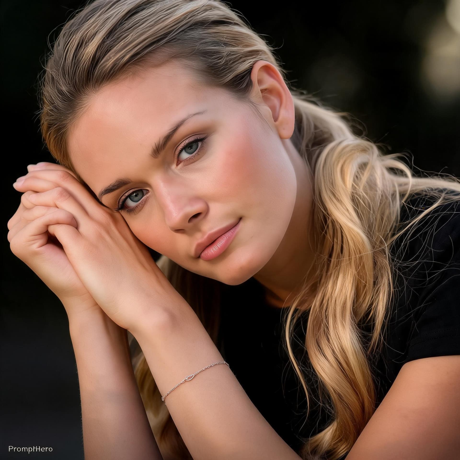 AI generated: A young woman with long wavy blond ponytail hair rests her head on her clasped hands. She wears a bl...