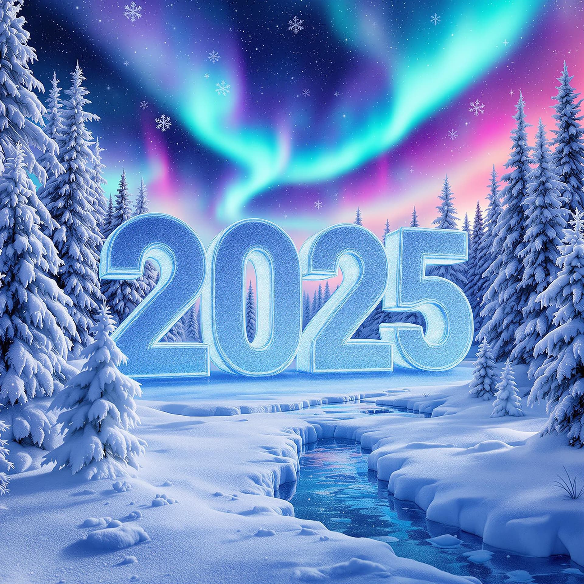 AI generated: A mesmerizing frozen wonderland celebrating New Year 2025. Giant ice sculptures of '2025' sparkle un...