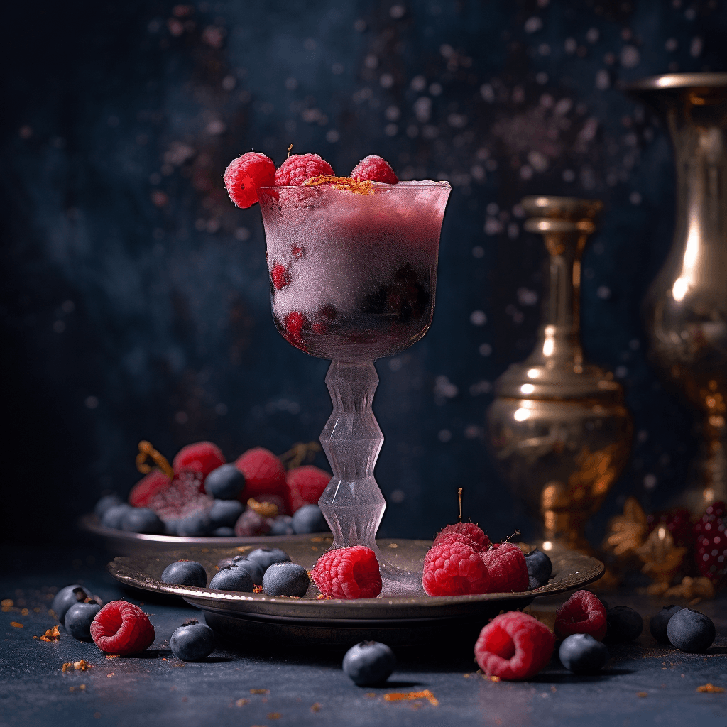 AI generated: Food photography,fruit juice in tall crystal goblet,raspberries and blueberries with a lot of chocol...