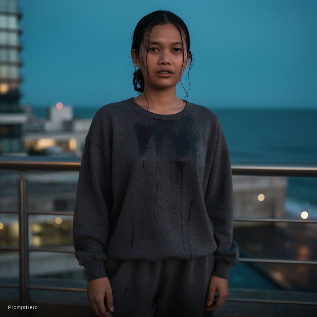 AI generated: A documentary style photograph of a young female on a high balcony just after swimming. Her long dar...