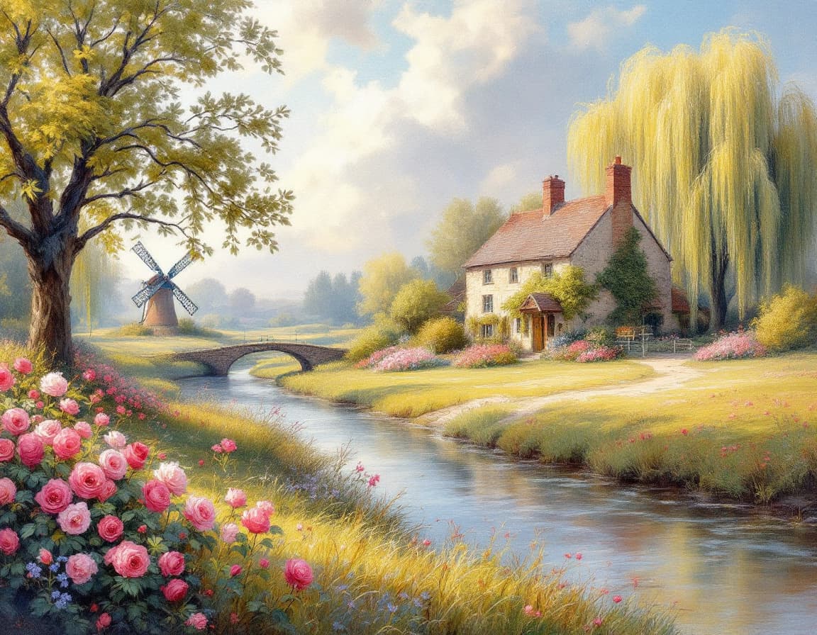 AI generated: impressionist painting on canvas of beautiful British landscape with rambling roses, old stone farmh...